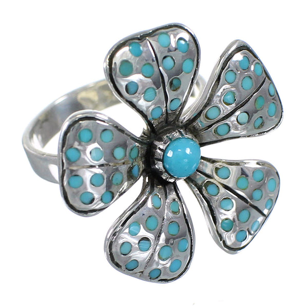 Turquoise Inlay Flower Southwest Sterling Silver Ring Size 6-1/4 MX60003